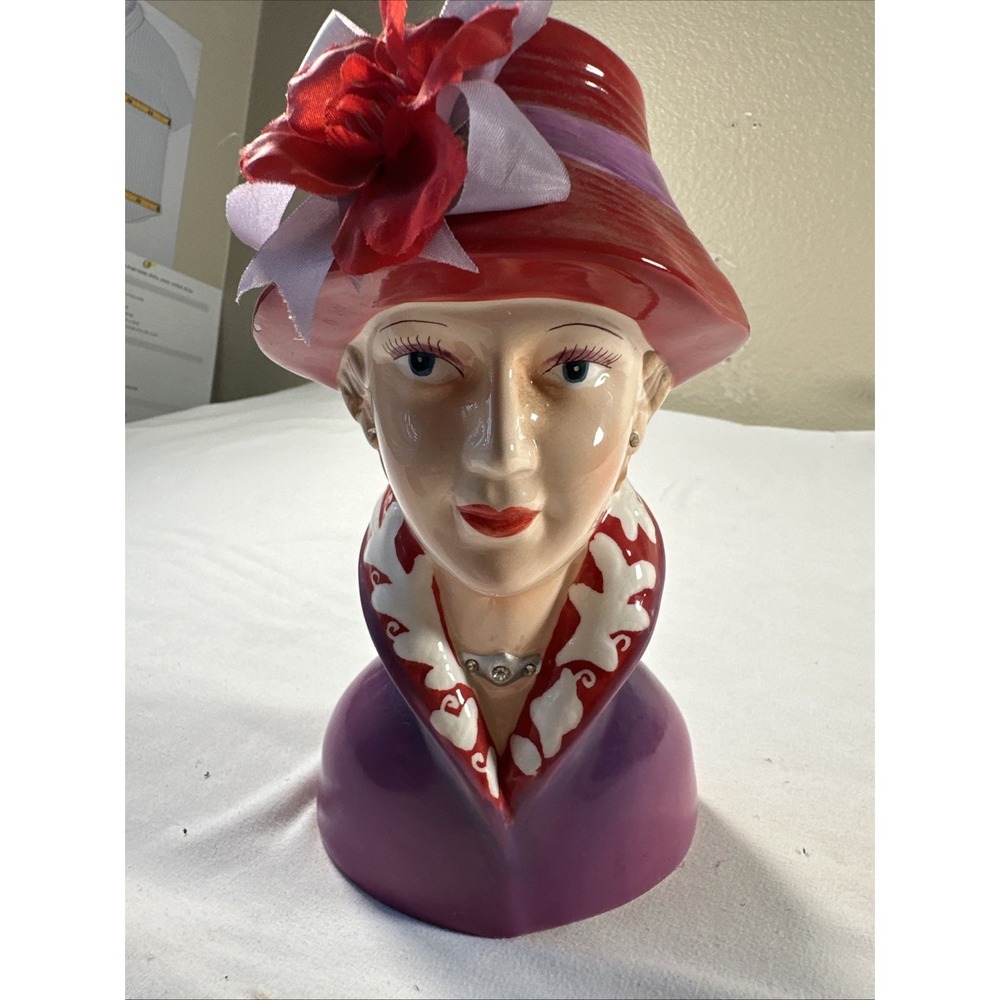 Lefton Red Hat Lady Head Vase 2003 Hand Painted Porcelain Rhinestone Necklace - Picture 1 of 14